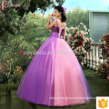 O último Design Bride Gorgeous Lace Appliqued Strapless Andar Comprimento Tulle Puffy Ball Gown Light Purple Wedding Dress